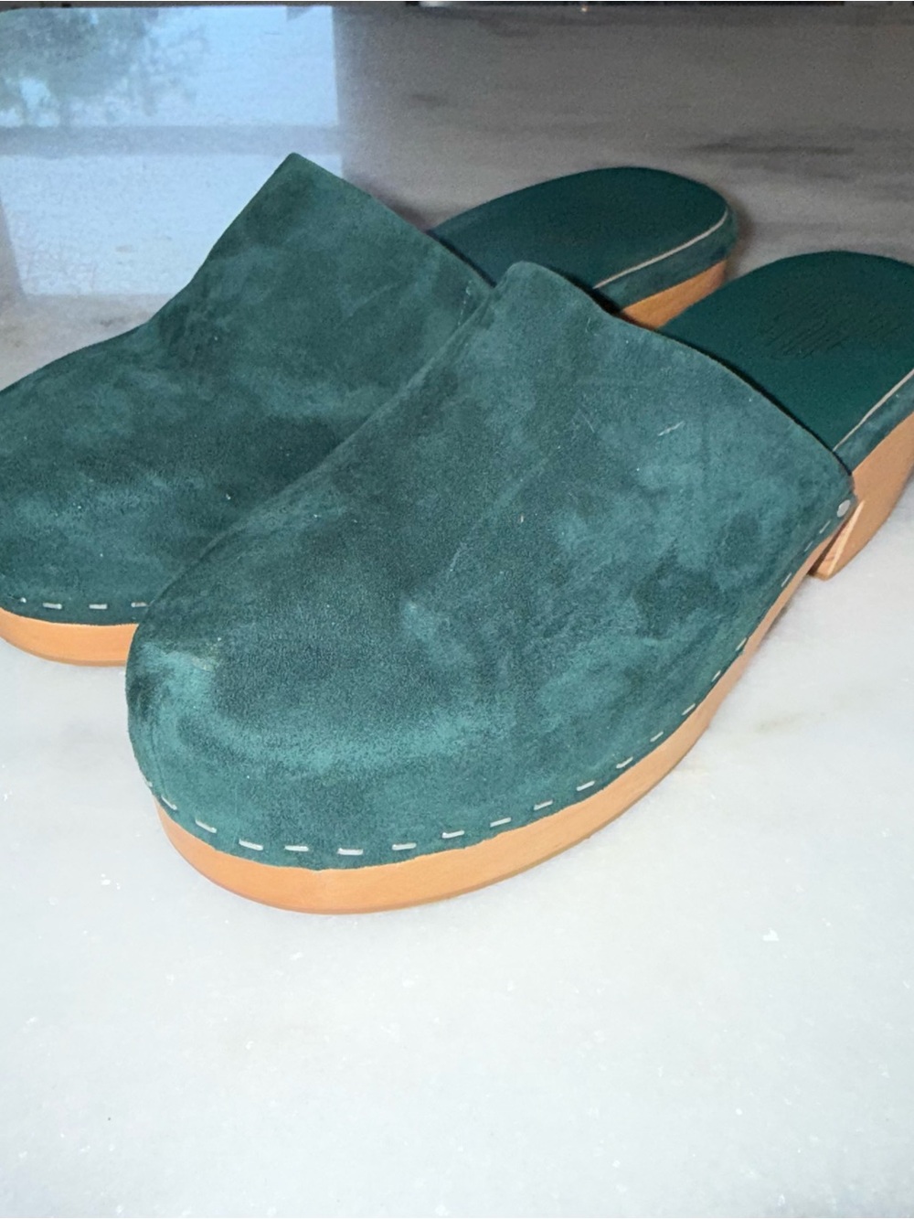 Charlotte Stone Marlo Heeled Clogs Shoes-Forest Green Suede-Size 8